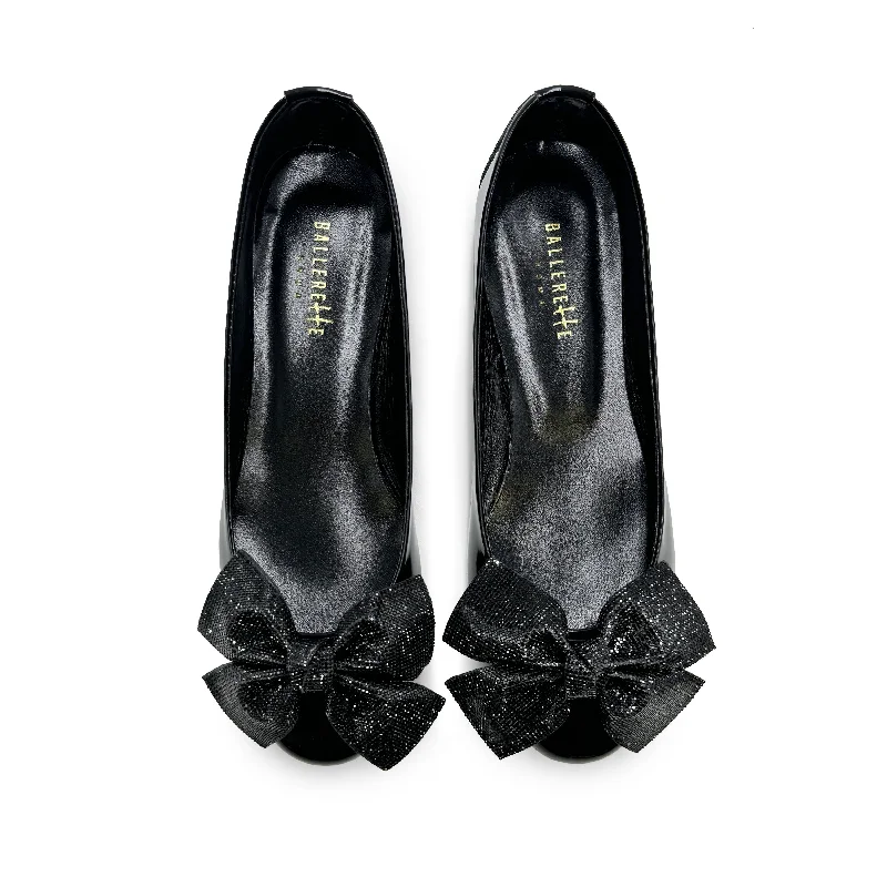 Black patent leather evening ballet flats with jeweled bow