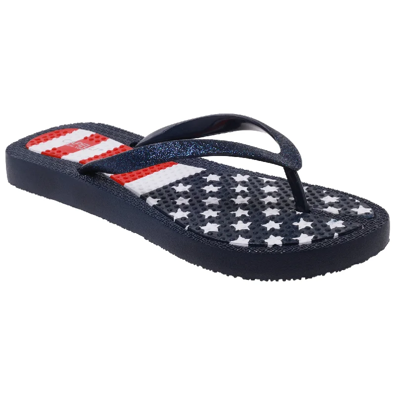 Ladies Fashion Flip Flops with American Flag Print and Glitter Trim