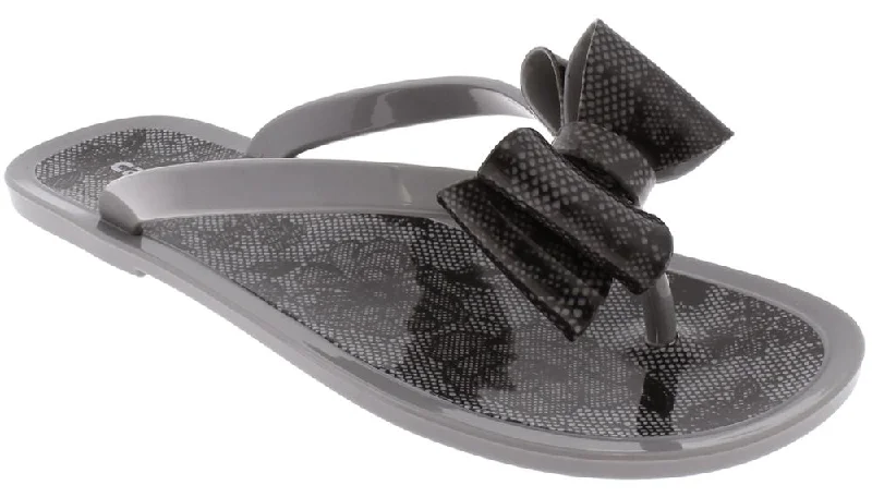 Ladies Grey Floral Pom Opaque Jelly Flip Flops