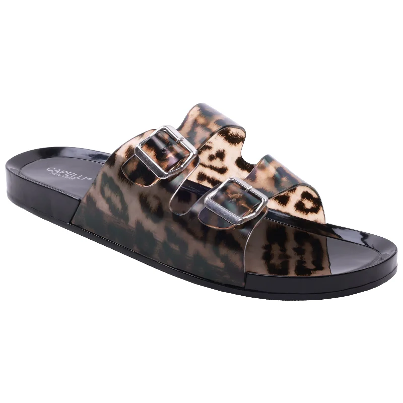 Ladies Transparent Leopard Print Double Strap Injected PVC Slide