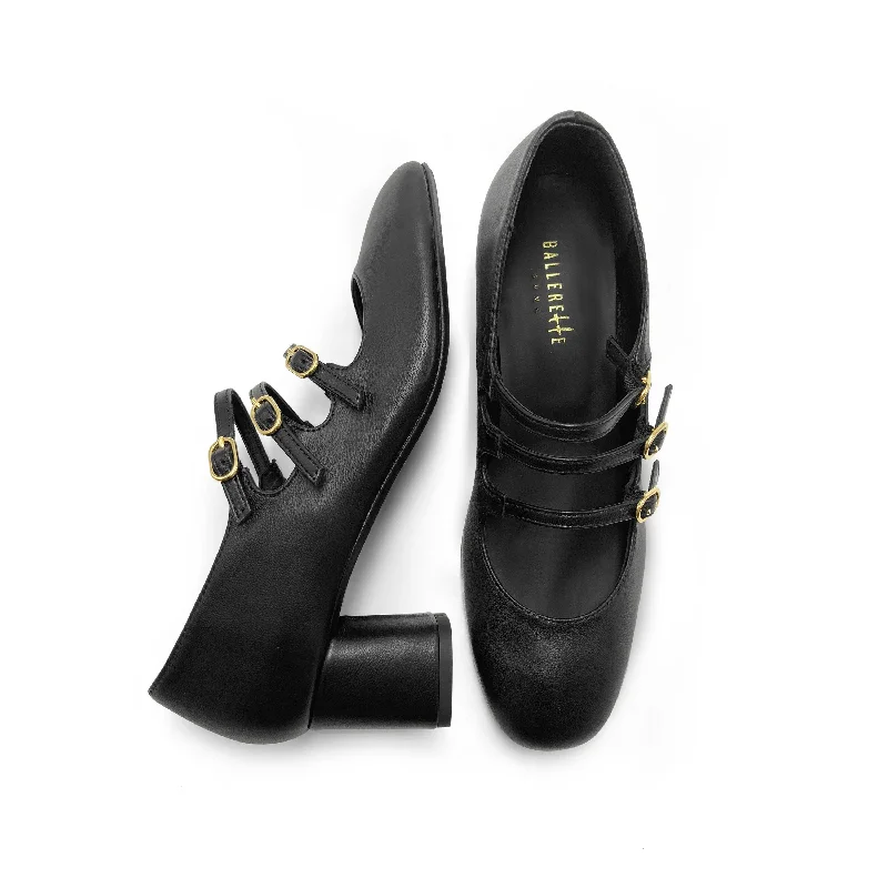 Black three straps high heel Mary Jane shoes in leather