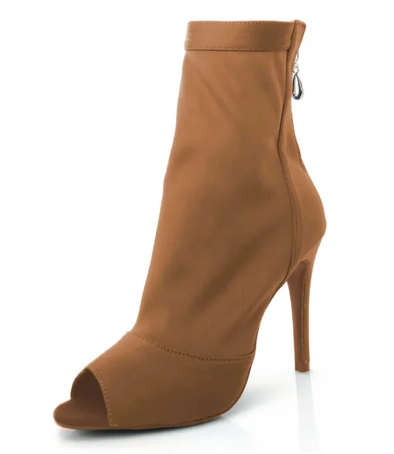 Brown Stretch Lycra Open Toe Sock Boots High Heels