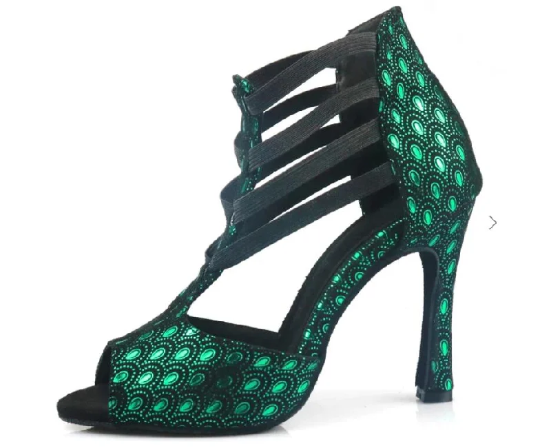 Green Feather Print Ballroom Salsa Bachata Dance Shoes