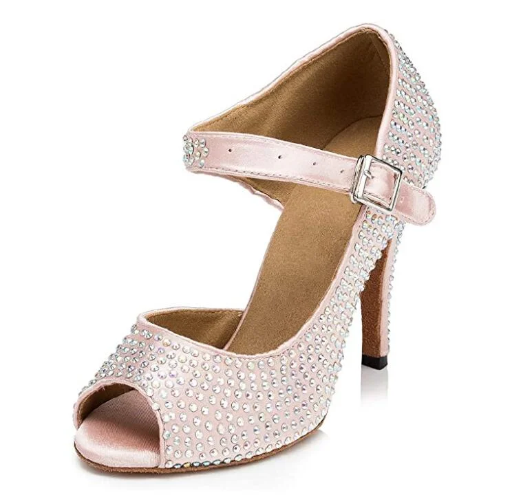 Light Pink Satin Diamante Ballroom Dance Shoes Latin Salsa Bachata Dancing Shoes