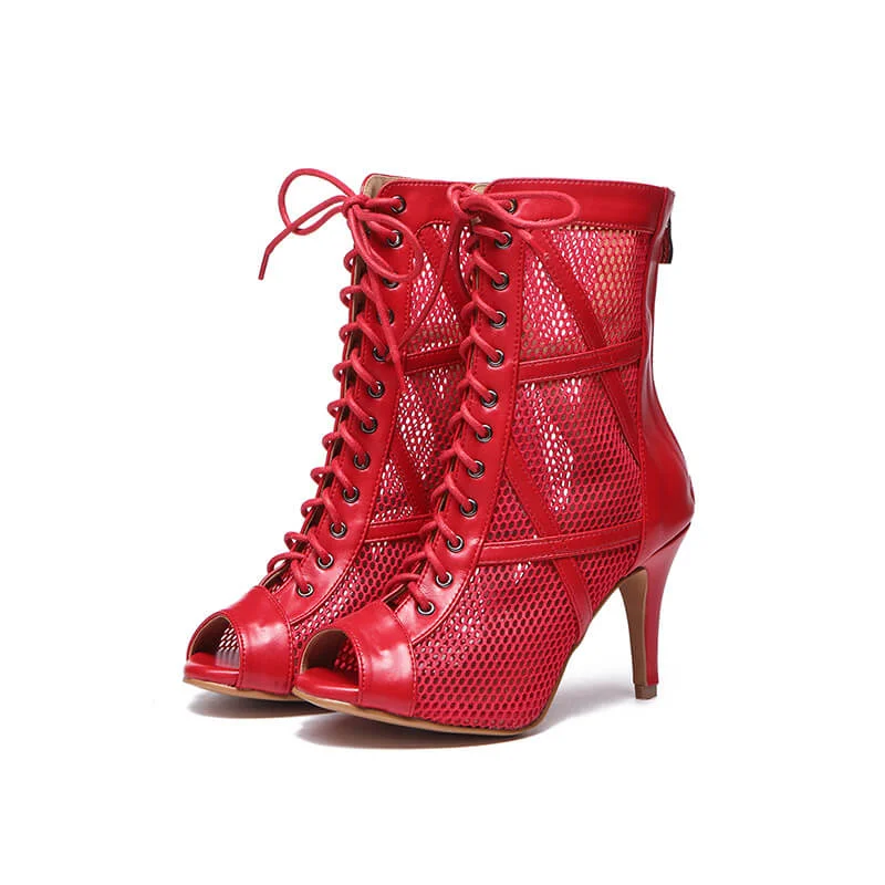 Sexy Women's Red Leather Mesh Dance High Heels Ankle Booties