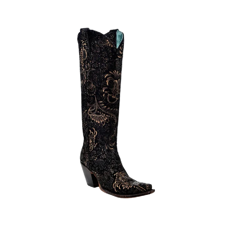 Corral Women's Stamped Floral Western Black & Gold Boots