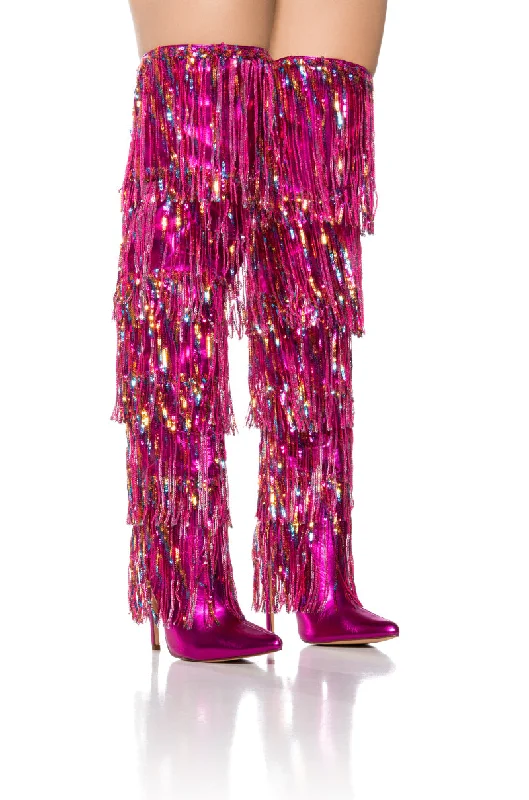 AZALEA WANG ADRIEL FUCHSIA SEQUIN FRINGE DRIP BOOT