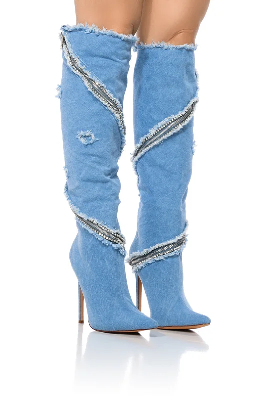 AZALEA WANG BEBOP ZIPPER DECOR MID CALF BOOT IN DENIM