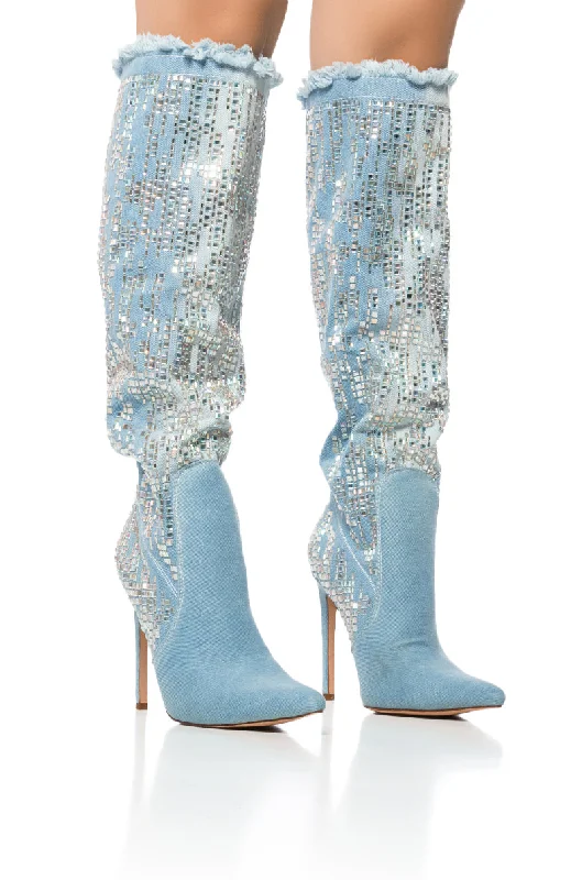 AZALEA WANG CARSYN DISTRESSED DENIM BOOT WITH GEM EMBELLISHMENT