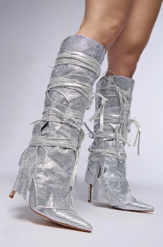 AZALEA WANG CORDIAL SILVER RHINESTONE BOOT