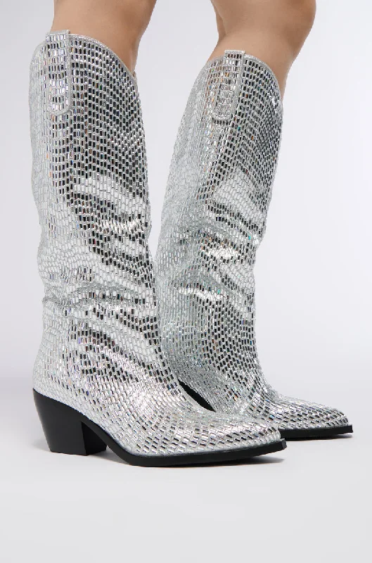 AZALEA WANG DRIVEN RHINESTONE WESTERN BOOT IN SILVER