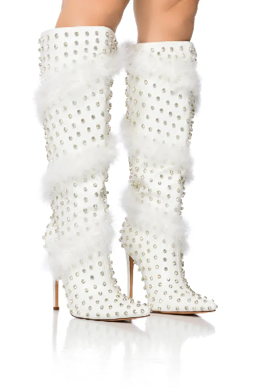 AZALEA WANG GARDENIA FEATHER EMBELLISHED BOOT IN WHITE