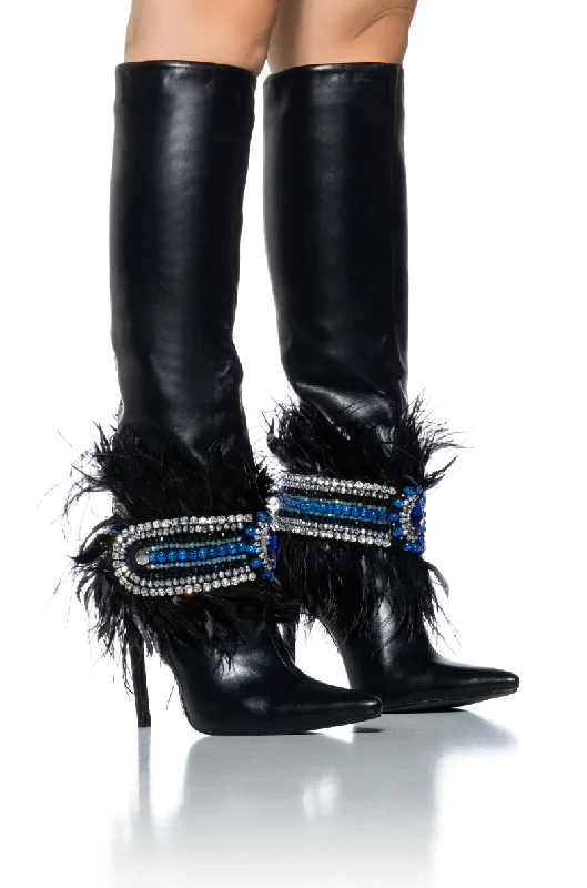 AZALEA WANG LEAD THE WAY FEATHER EMBELLISHED KNEE HIGH BOOT IN BLACK