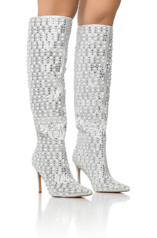 AZALEA WANG LYNLEE SILVER PEARL EMBELLISHED BOOT