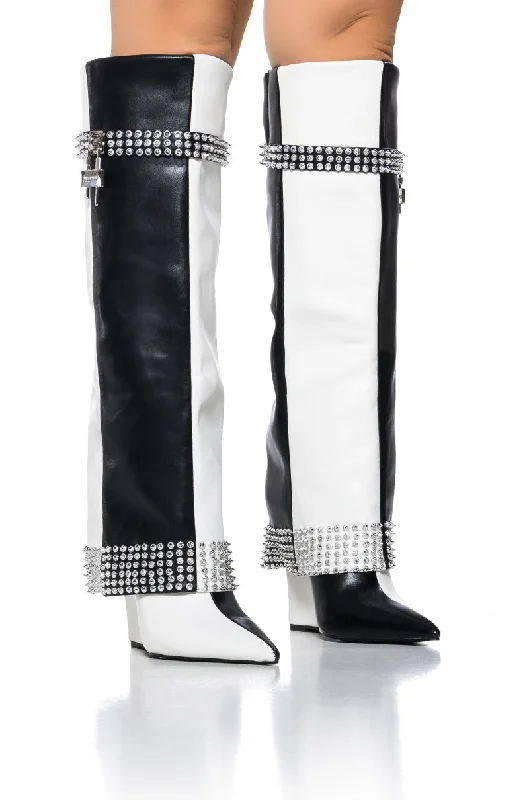 AZALEA WANG SWANS BLACK AND WHITE COLORBLOCK STUDDED BOOT