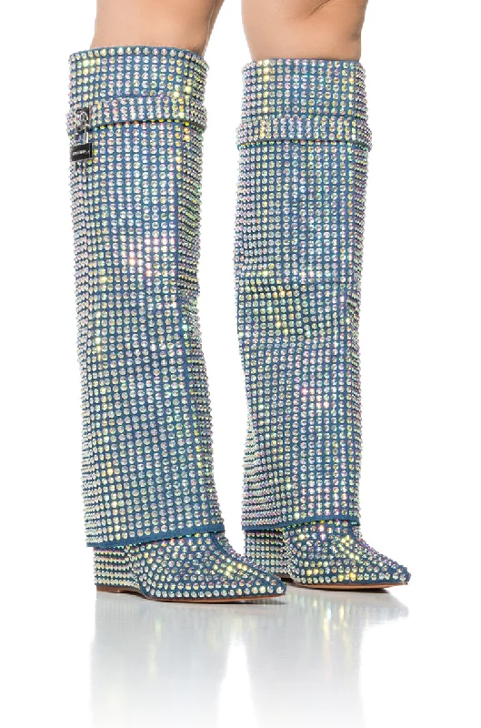 AZALEA WANG SMOOTH CRIMINAL DENIM DIAMOND COVERED WEDGE BOOT