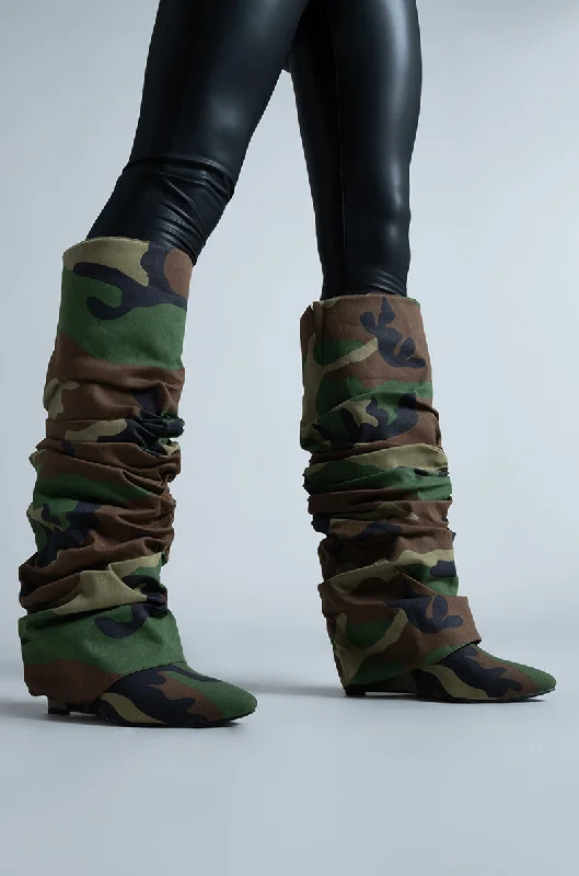 AZALEA WANG ZUMMA CAMO RUCHED WEDGE BOOT