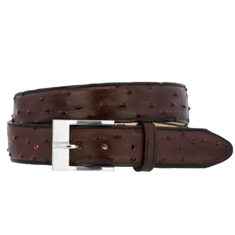 Black Cherry Western Cowboy Belt Ostrich Quill Print Leather - Silver Buckle