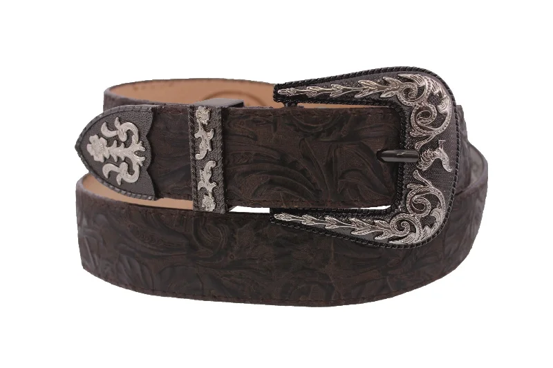 Brown #475 Western Cowboy Belt Tooled Leather - Removable Buckle