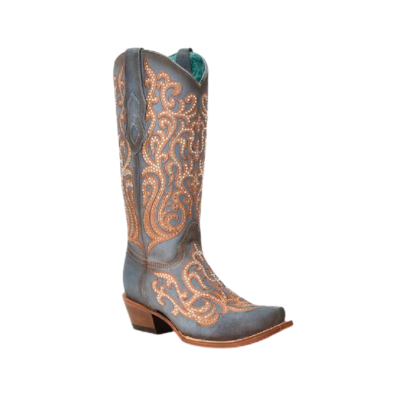 Corral Women's Honey Overlay With Crystals Snip Toe Cowboy Blue Boot