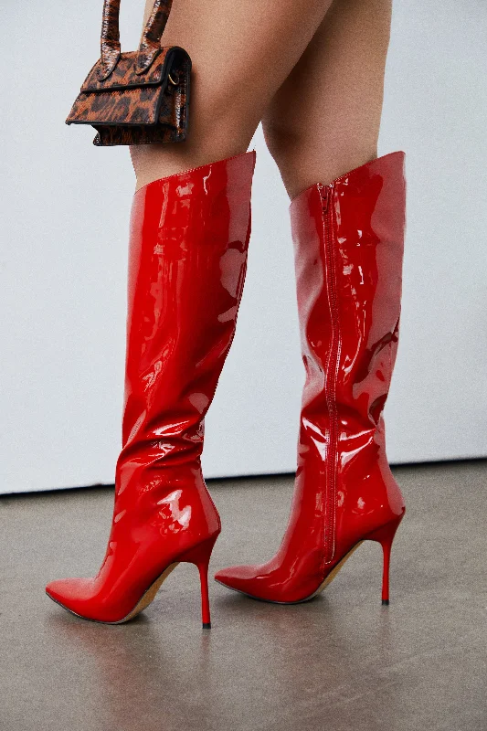 Center Of Attention Asymmetric Knee High Boots - Red