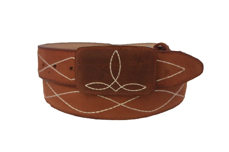 Cognac #375 Western Cowboy Leather Belt Embroidery - Removable Buckle