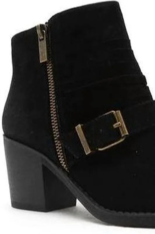 Faux Suede Bootie With Buckle In Black