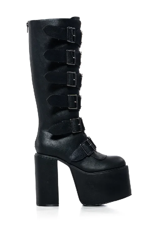 ITS FATE EMBELLISHED KNEE HIGH BUCKLE BOOT IN BLACK