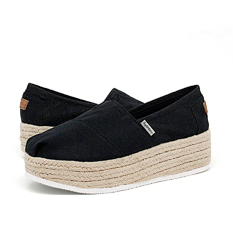 Handmade Women’s Slip-On Espadrille Denim Loafers Wedges in Black-A86118W