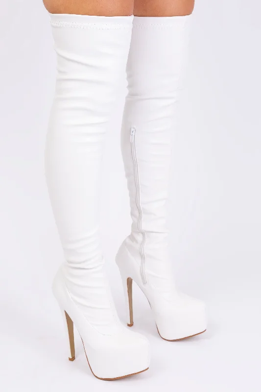 BRINLEY HIGH HEEL OVER THE KNEE BOOTS IN WHITE FAUX LEATHER