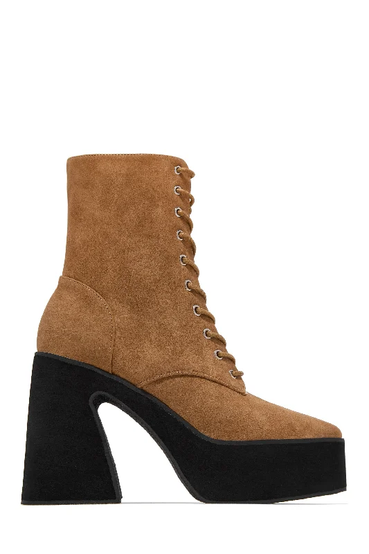 Nya Lace Up Platform Block Heel Ankle Boots - Tan