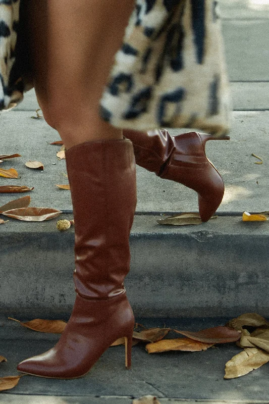 Portia Knee High Heel Boots - Brown