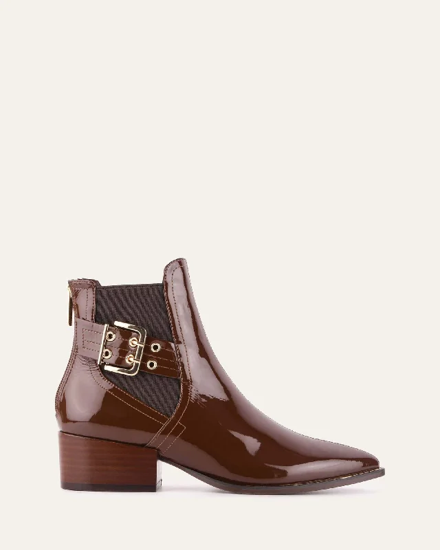 RIVER FLAT ANKLE BOOTS DARK CHOC CRINKLE PATENT