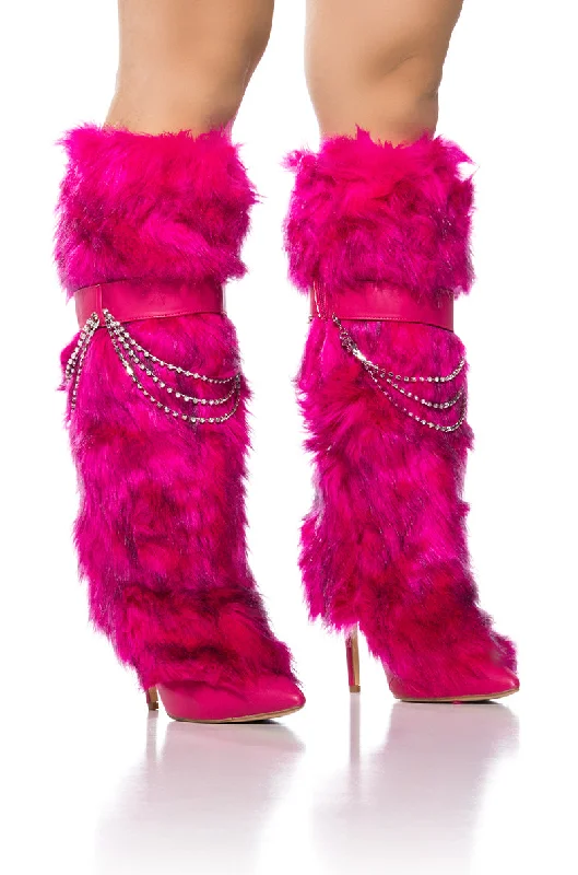 SCANDALOUS FAUX FUR STILETTO BOOT WITH RHINESTONE DETAILING IN PINK