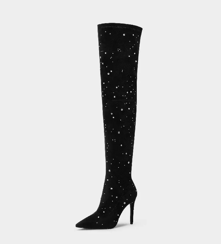 Suede Leather Over-The-Knee Boots Emblished With Rhinestones