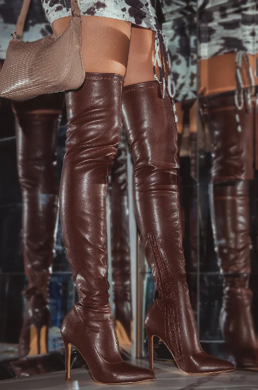 Sultry Touch Over The Knee Boots - Brown PU