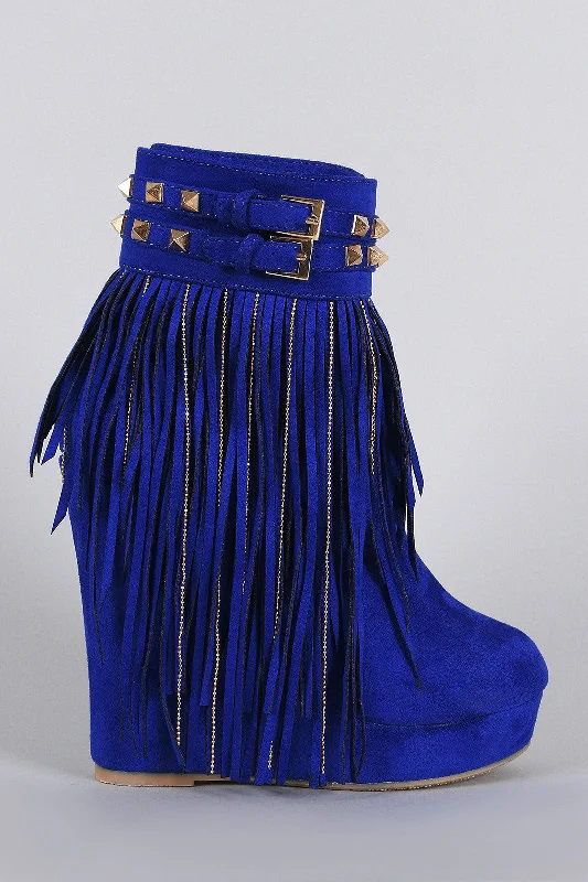 Studded Suede Chain Fringe Platform Wedge Bootie