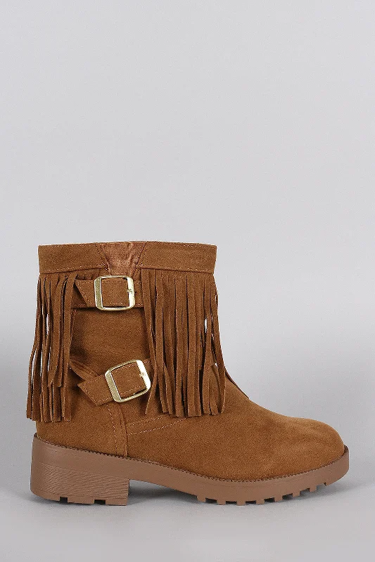 Suede Fringe Side Buckled Ankle Boots