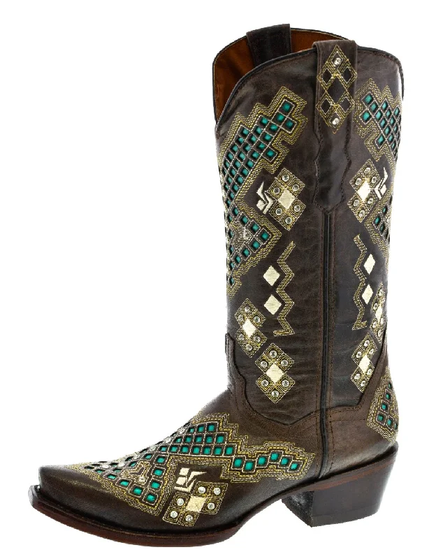 Womens Panal Brown Cowgirl Boots Embroidered Rhinestones - Snip Toe