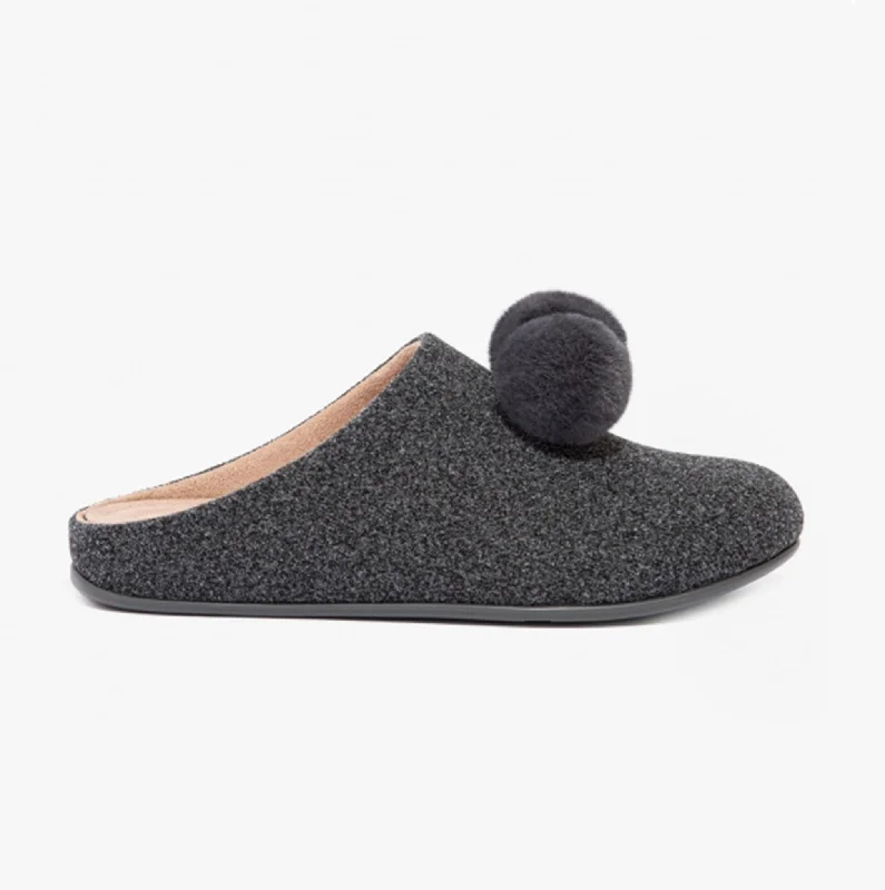 CHRISSIE POM POM Ladies Mule Slippers Pewter Grey