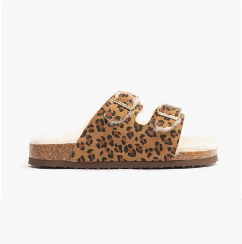 MABEL Ladies Suede Two Strap Slippers Leopard