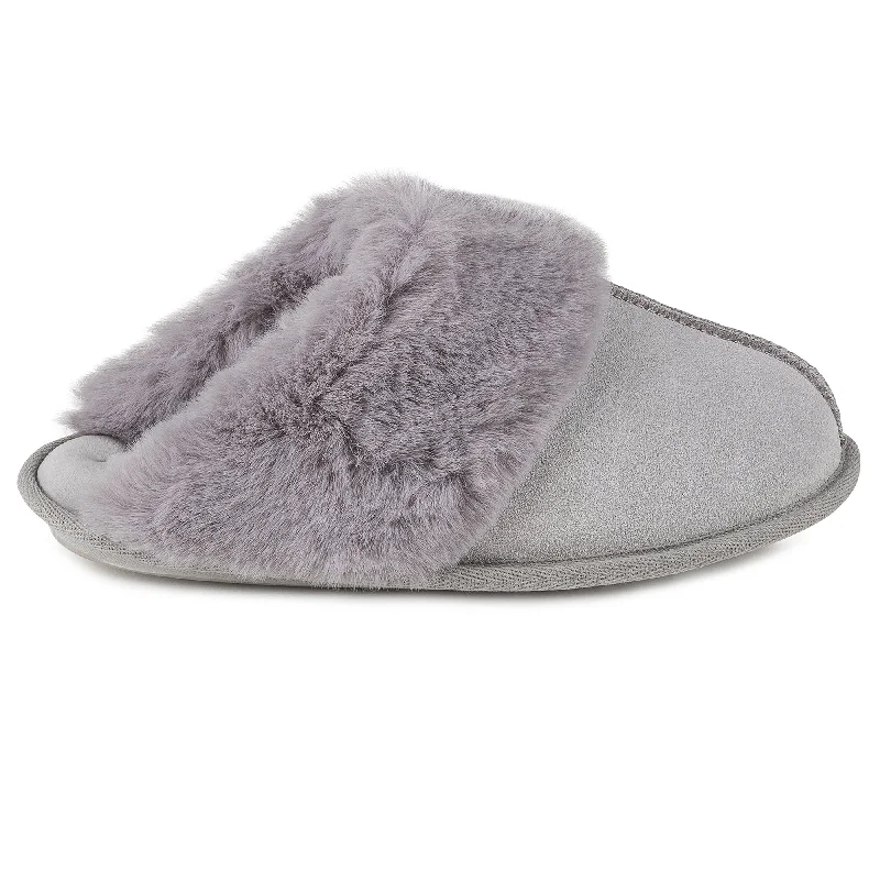 REAL SUEDE WITH FUR CUFF Ladies Mule Slippers Grey