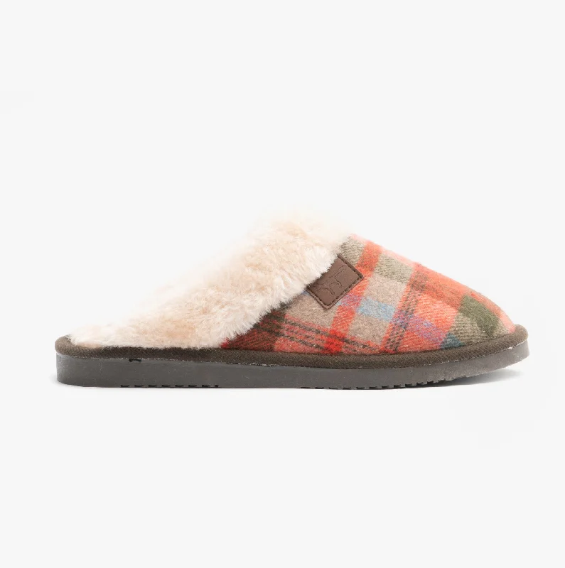 SHETLAND Ladies Mule Slippers Brown Tartan