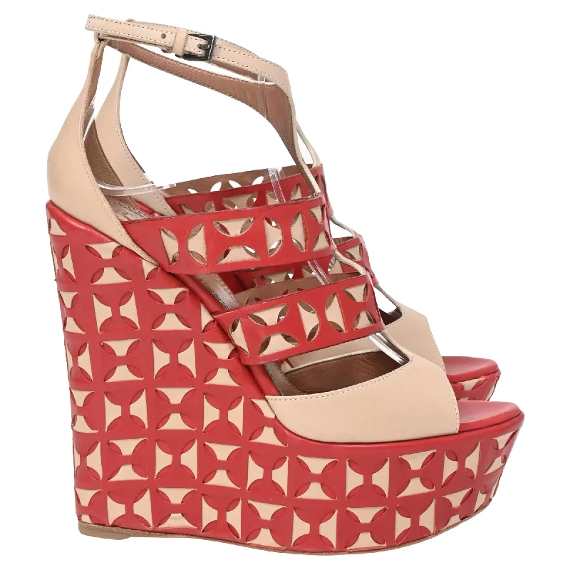 Alaïa Laser Cut Wedges in Red Leather