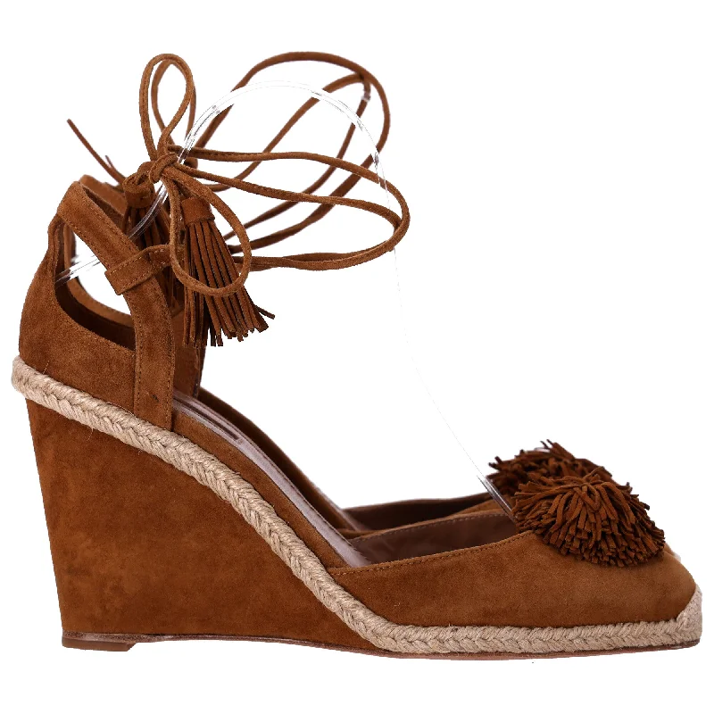 Aquazzura Sunshine Pom-Pom Wedge Sandals in Brown Suede