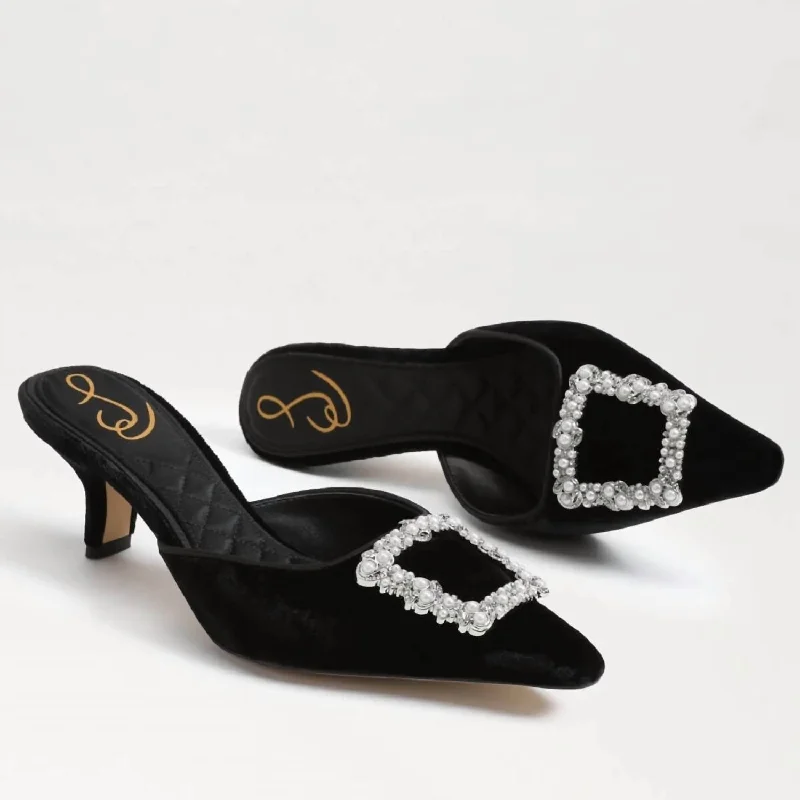 Brit Luster Bling Buckle Detail Dress Mules In Black Velvet