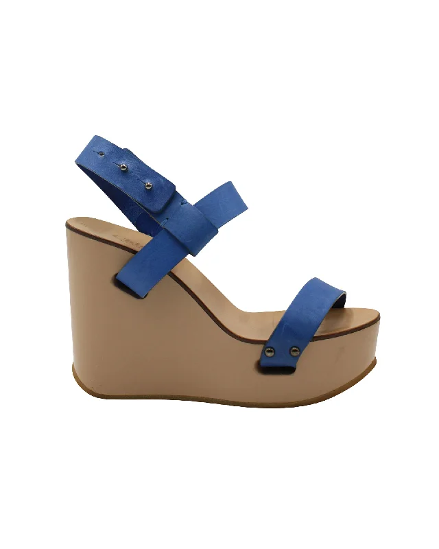 Chloe High Heel Wedge Sandals in Blue Leather