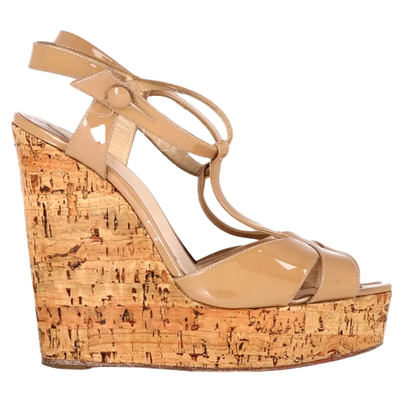 Christian Louboutin Dijon Marina Cork Wedge in Nude Patent Leather