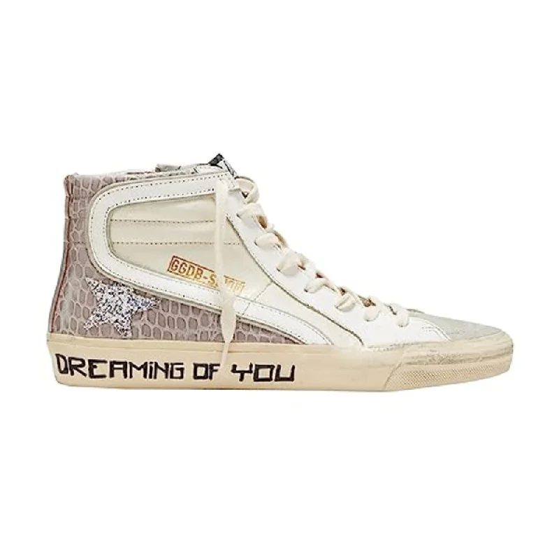 Golden Goose Women's Slide Mid-Top Beige Croco Glitter Sneakers