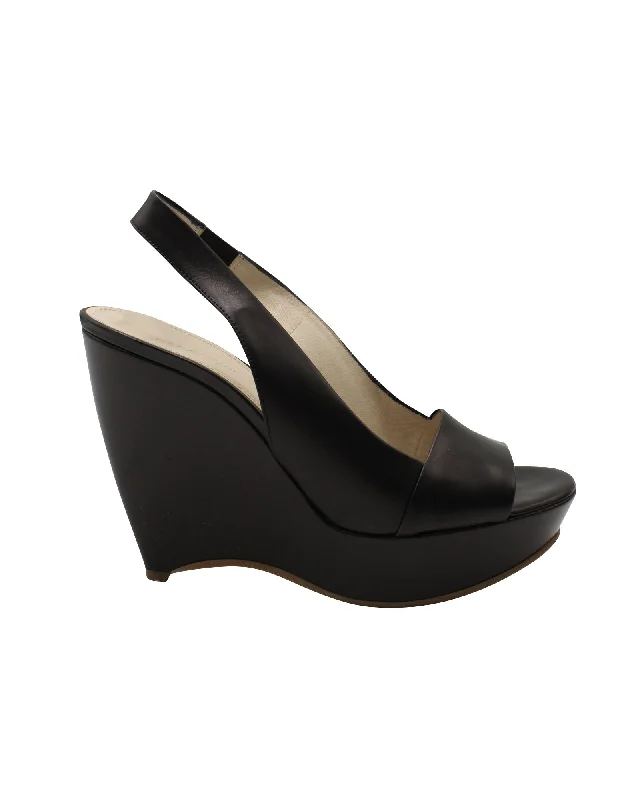 Jil Sander Slingback Peep Toe Wedge in Black Leather